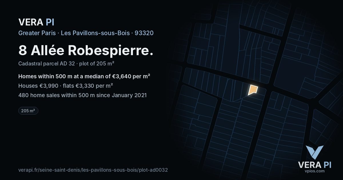 8 Allée Robespierre, Les Pavillons-sous-Bois at night – the plot lit, the parcels around coloured by the prices near them