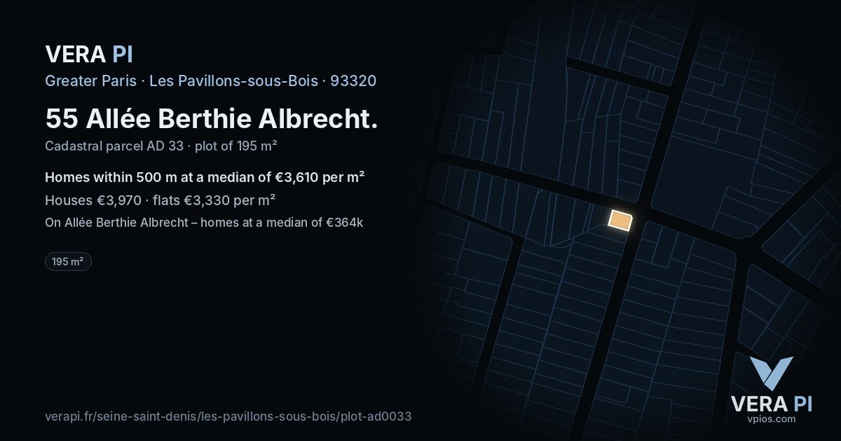 55 Allée Berthie Albrecht, Les Pavillons-sous-Bois at night – the plot lit, the parcels around coloured by the prices near them