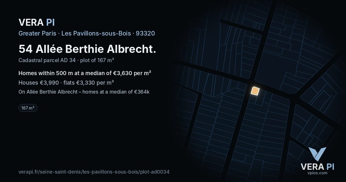 54 Allée Berthie Albrecht, Les Pavillons-sous-Bois at night – the plot lit, the parcels around coloured by the prices near them