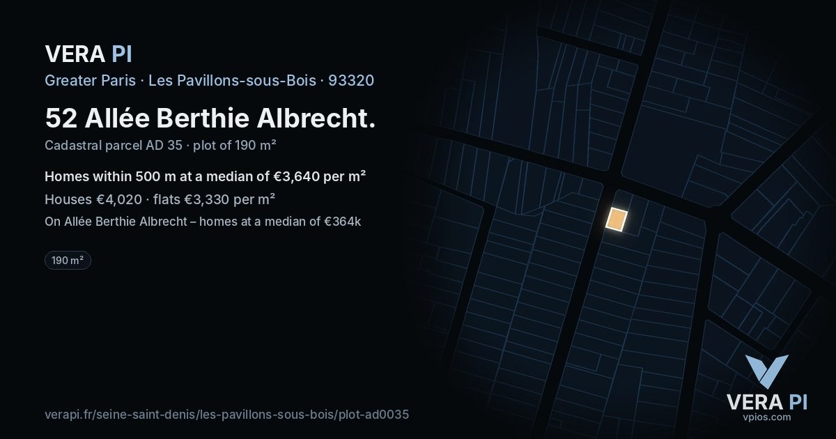 52 Allée Berthie Albrecht, Les Pavillons-sous-Bois at night – the plot lit, the parcels around coloured by the prices near them