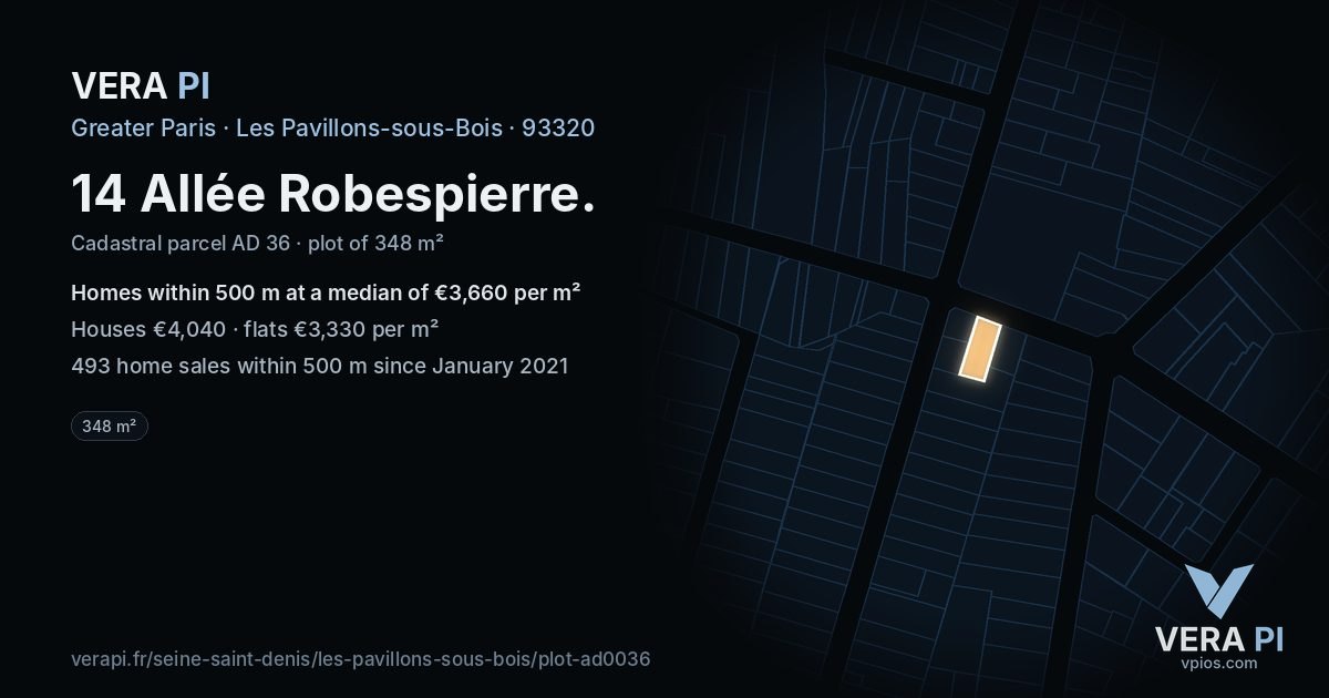 14 Allée Robespierre, Les Pavillons-sous-Bois at night – the plot lit, the parcels around coloured by the prices near them