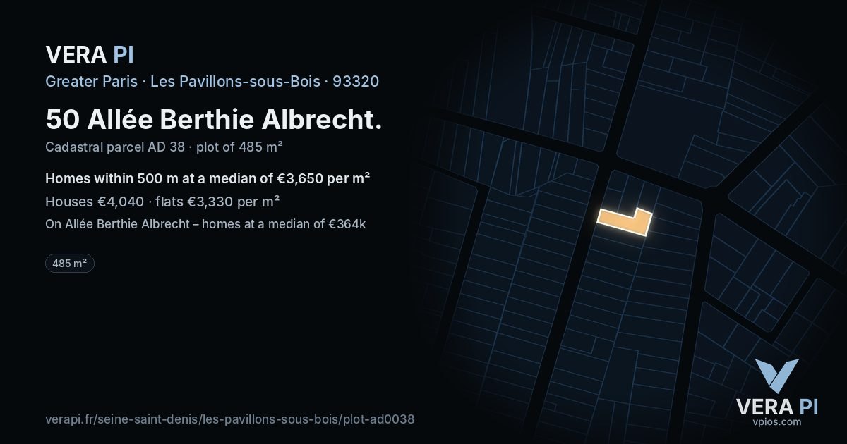 50 Allée Berthie Albrecht, Les Pavillons-sous-Bois at night – the plot lit, the parcels around coloured by the prices near them