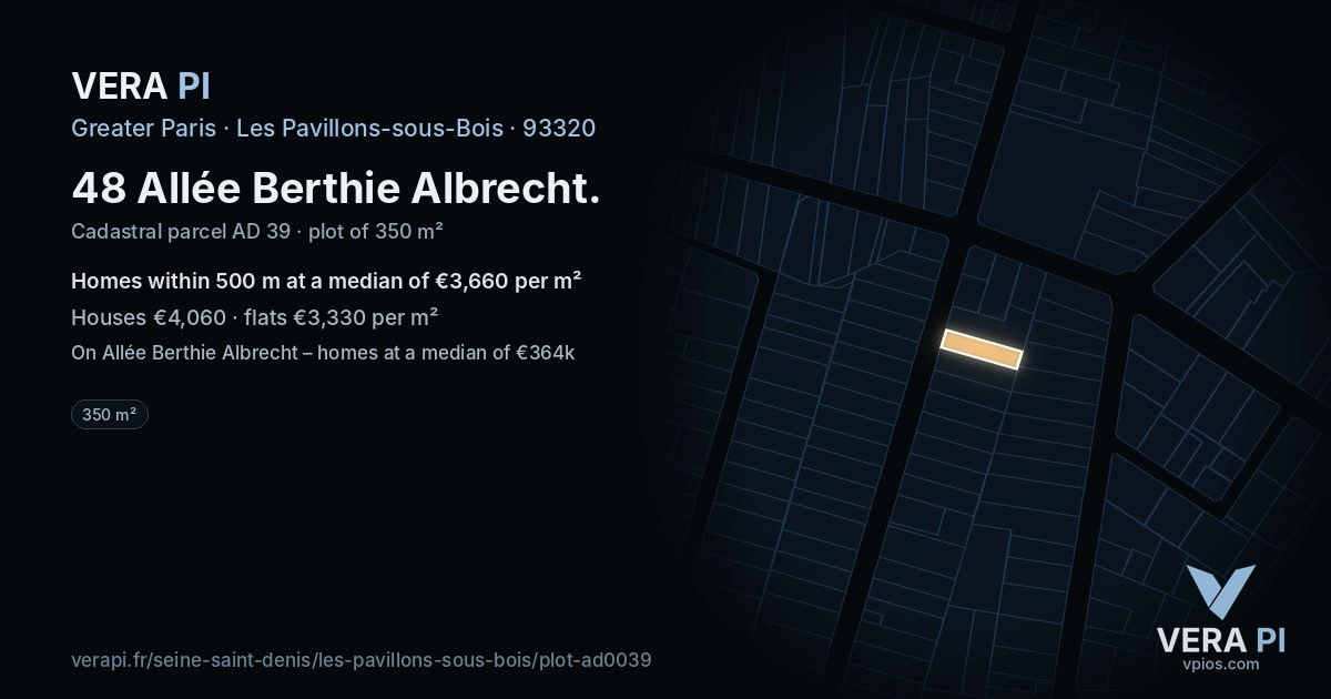 48 Allée Berthie Albrecht, Les Pavillons-sous-Bois at night – the plot lit, the parcels around coloured by the prices near them