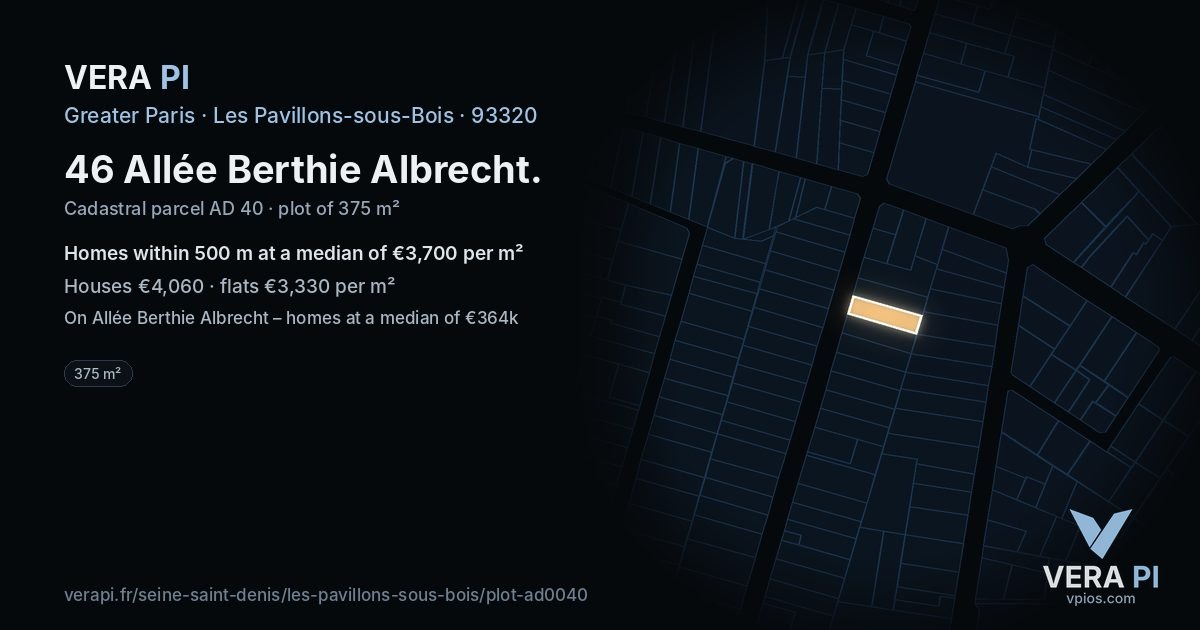 46 Allée Berthie Albrecht, Les Pavillons-sous-Bois at night – the plot lit, the parcels around coloured by the prices near them