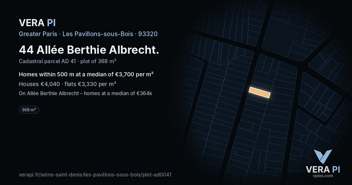 44 Allée Berthie Albrecht, Les Pavillons-sous-Bois at night – the plot lit, the parcels around coloured by the prices near them