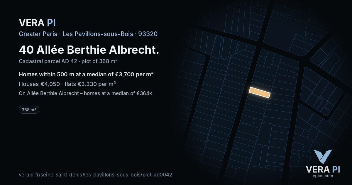 40 Allée Berthie Albrecht, Les Pavillons-sous-Bois at night – the plot lit, the parcels around coloured by the prices near them
