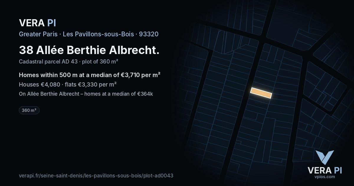 38 Allée Berthie Albrecht, Les Pavillons-sous-Bois at night – the plot lit, the parcels around coloured by the prices near them