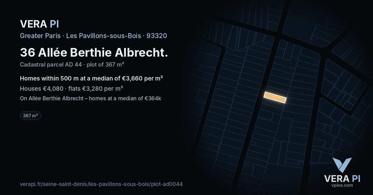 36 Allée Berthie Albrecht, Les Pavillons-sous-Bois at night – the plot lit, the parcels around coloured by the prices near them