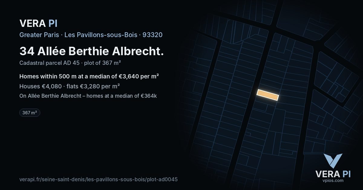34 Allée Berthie Albrecht, Les Pavillons-sous-Bois at night – the plot lit, the parcels around coloured by the prices near them