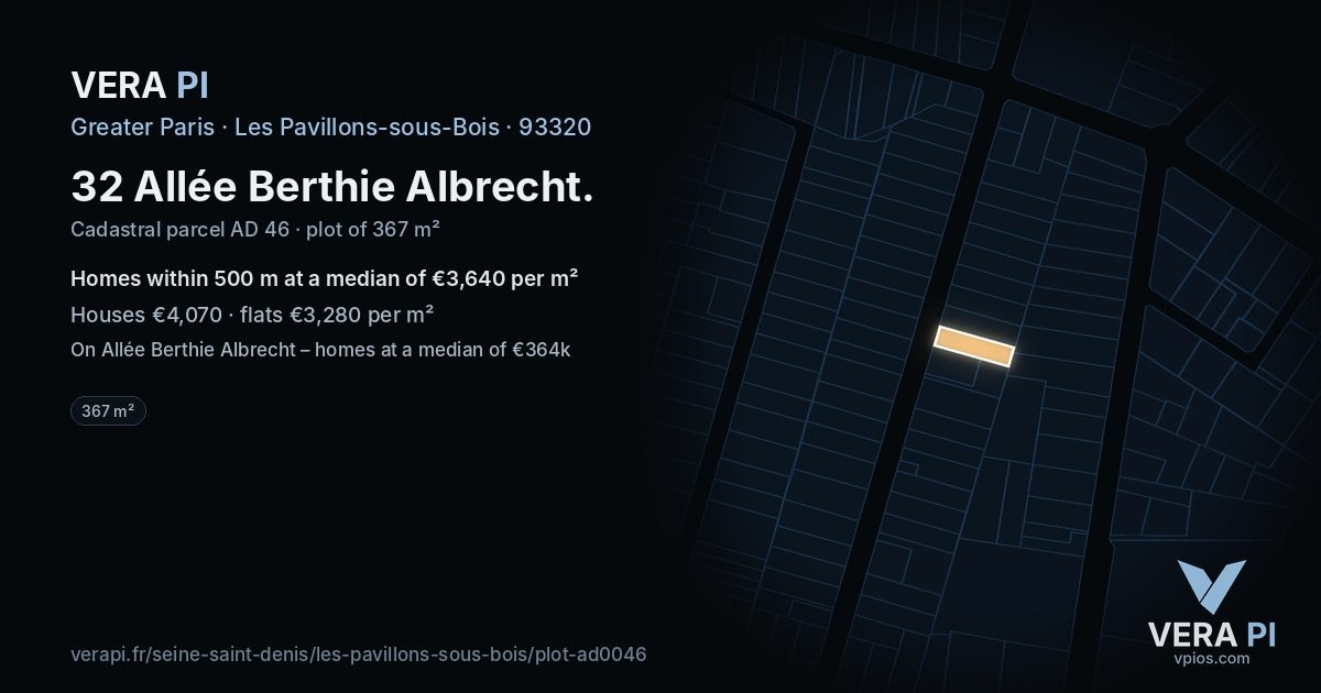 32 Allée Berthie Albrecht, Les Pavillons-sous-Bois at night – the plot lit, the parcels around coloured by the prices near them