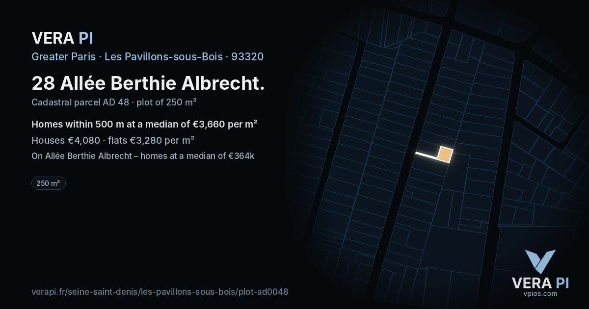 28 Allée Berthie Albrecht, Les Pavillons-sous-Bois at night – the plot lit, the parcels around coloured by the prices near them
