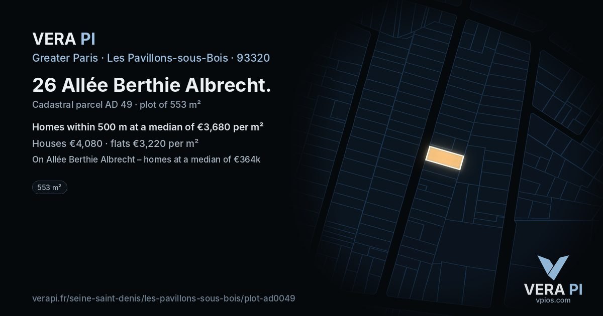 26 Allée Berthie Albrecht, Les Pavillons-sous-Bois at night – the plot lit, the parcels around coloured by the prices near them