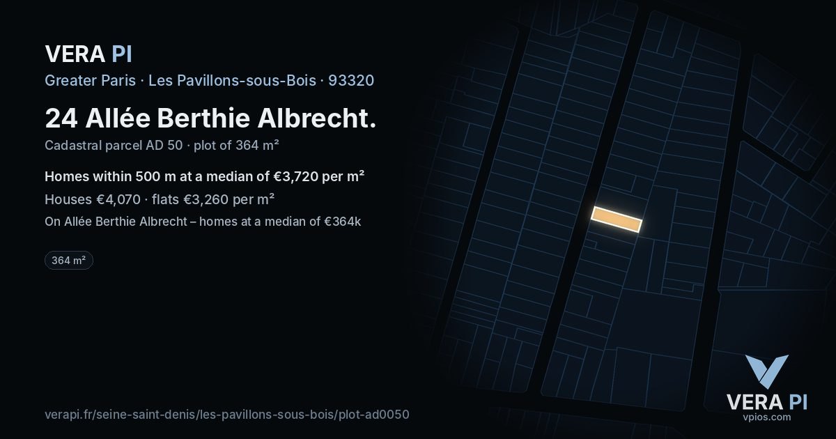 24 Allée Berthie Albrecht, Les Pavillons-sous-Bois at night – the plot lit, the parcels around coloured by the prices near them