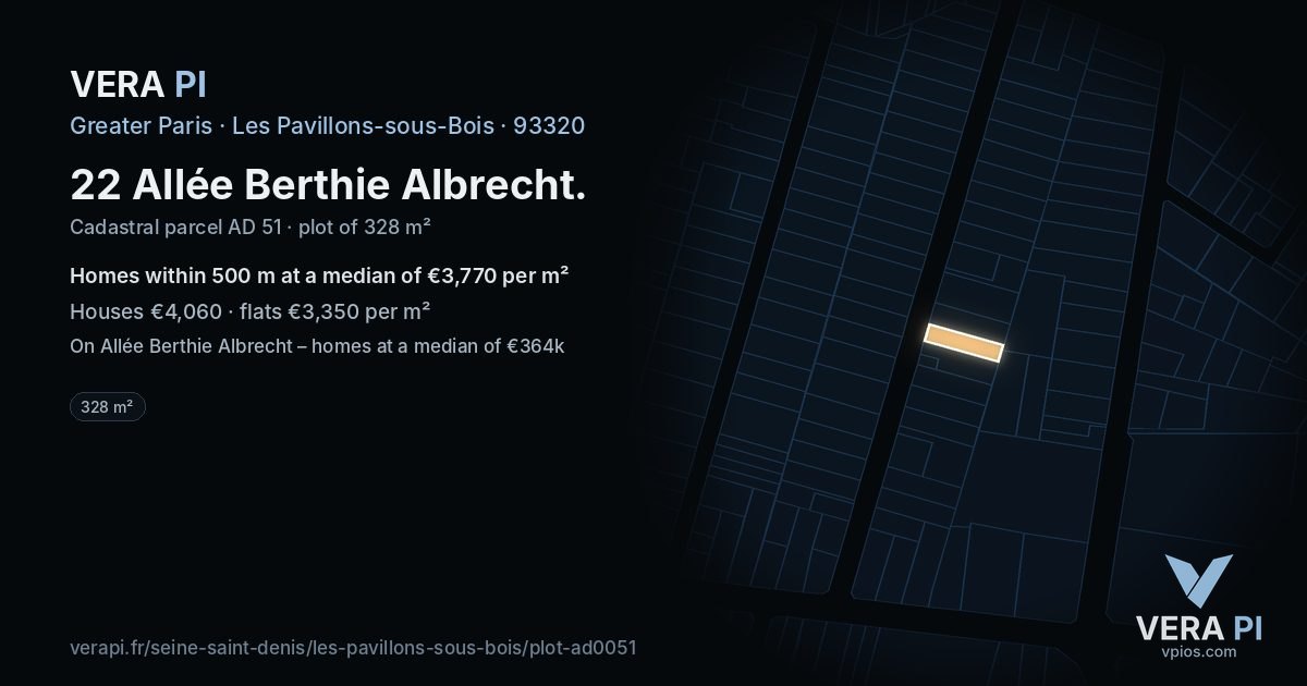 22 Allée Berthie Albrecht, Les Pavillons-sous-Bois at night – the plot lit, the parcels around coloured by the prices near them