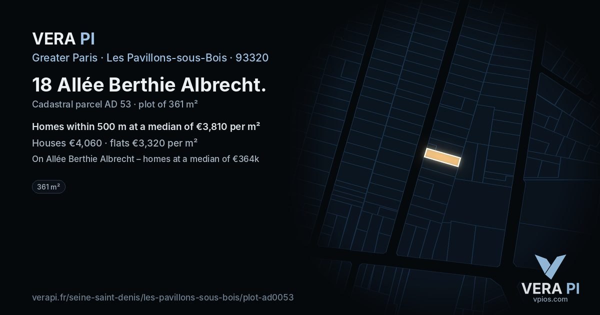18 Allée Berthie Albrecht, Les Pavillons-sous-Bois at night – the plot lit, the parcels around coloured by the prices near them