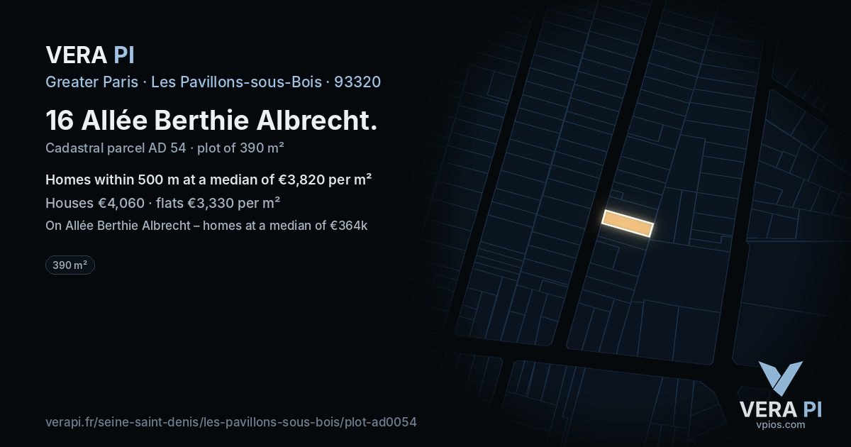 16 Allée Berthie Albrecht, Les Pavillons-sous-Bois at night – the plot lit, the parcels around coloured by the prices near them