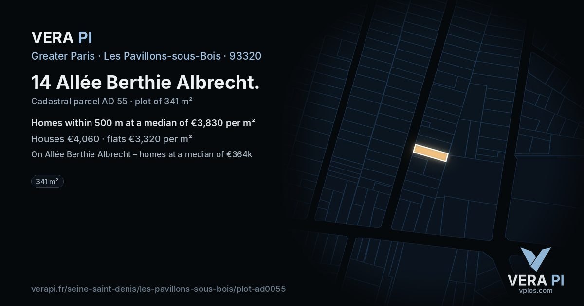 14 Allée Berthie Albrecht, Les Pavillons-sous-Bois at night – the plot lit, the parcels around coloured by the prices near them
