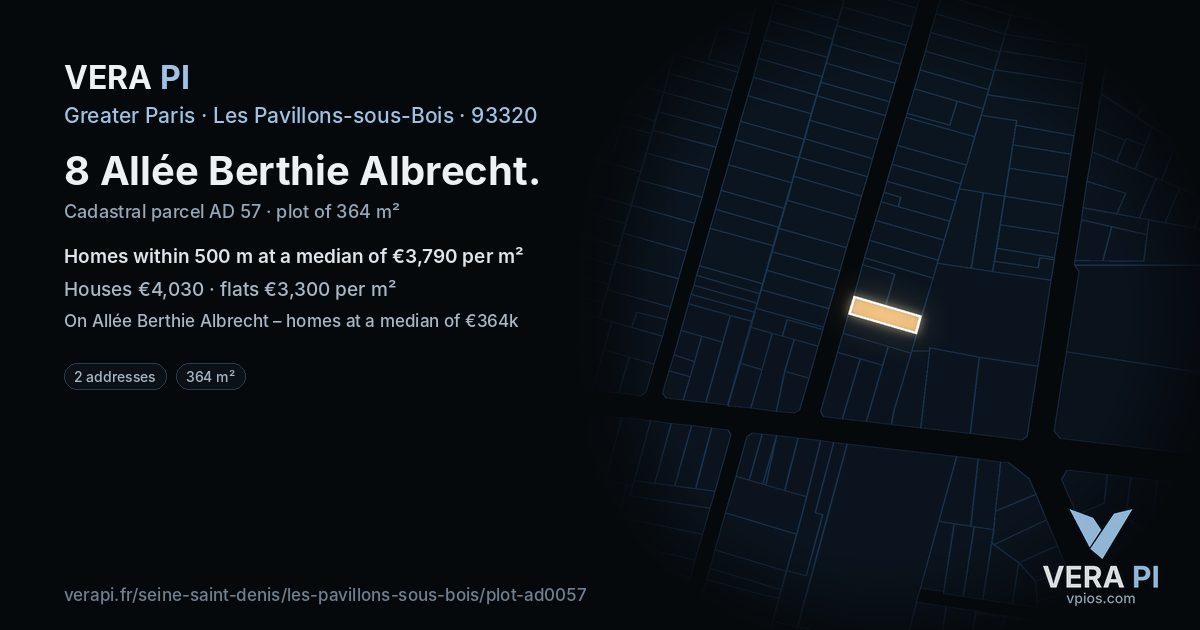 8 Allée Berthie Albrecht, Les Pavillons-sous-Bois at night – the plot lit, the parcels around coloured by the prices near them