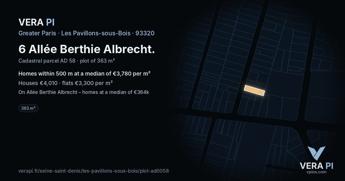 6 Allée Berthie Albrecht, Les Pavillons-sous-Bois at night – the plot lit, the parcels around coloured by the prices near them