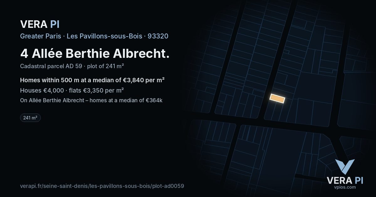 4 Allée Berthie Albrecht, Les Pavillons-sous-Bois at night – the plot lit, the parcels around coloured by the prices near them