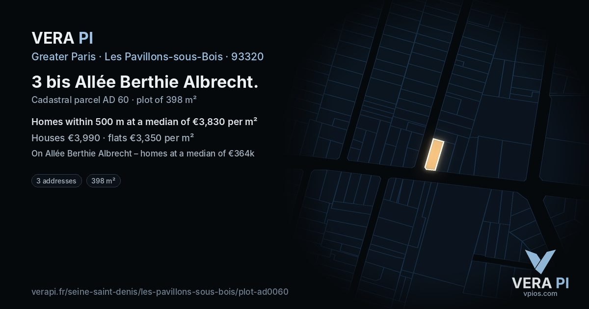 3 bis Allée Berthie Albrecht, Les Pavillons-sous-Bois at night – the plot lit, the parcels around coloured by the prices near them