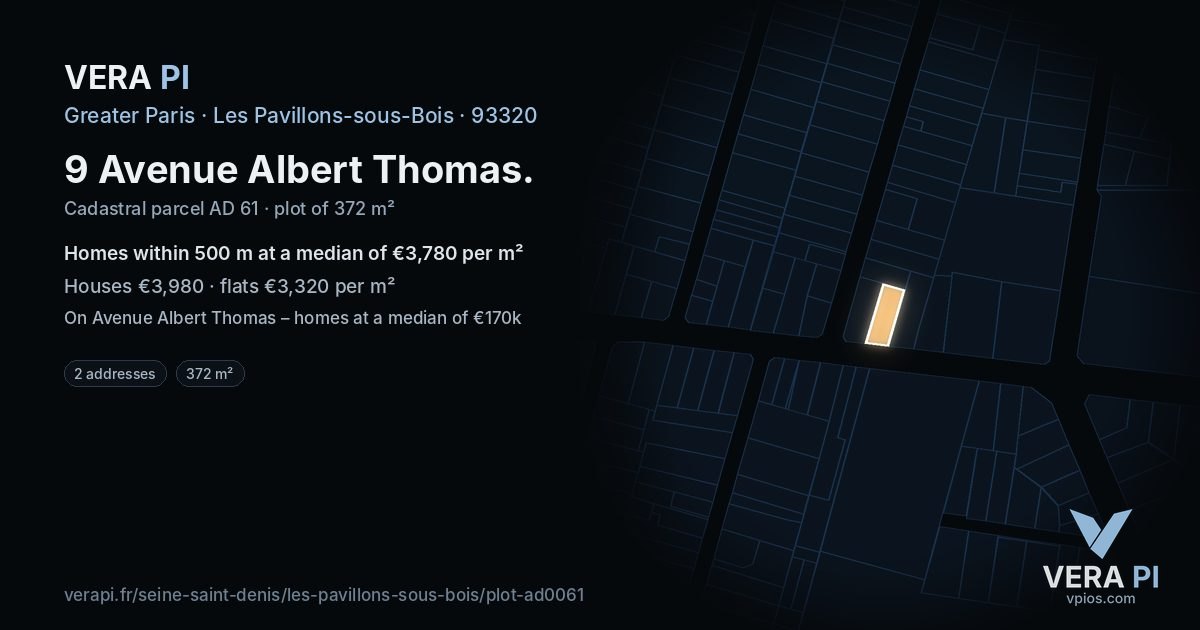 9 Avenue Albert Thomas, Les Pavillons-sous-Bois at night – the plot lit, the parcels around coloured by the prices near them