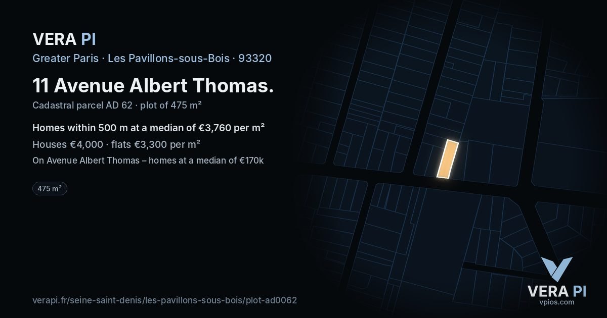 11 Avenue Albert Thomas, Les Pavillons-sous-Bois at night – the plot lit, the parcels around coloured by the prices near them