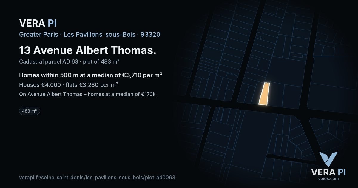 13 Avenue Albert Thomas, Les Pavillons-sous-Bois at night – the plot lit, the parcels around coloured by the prices near them