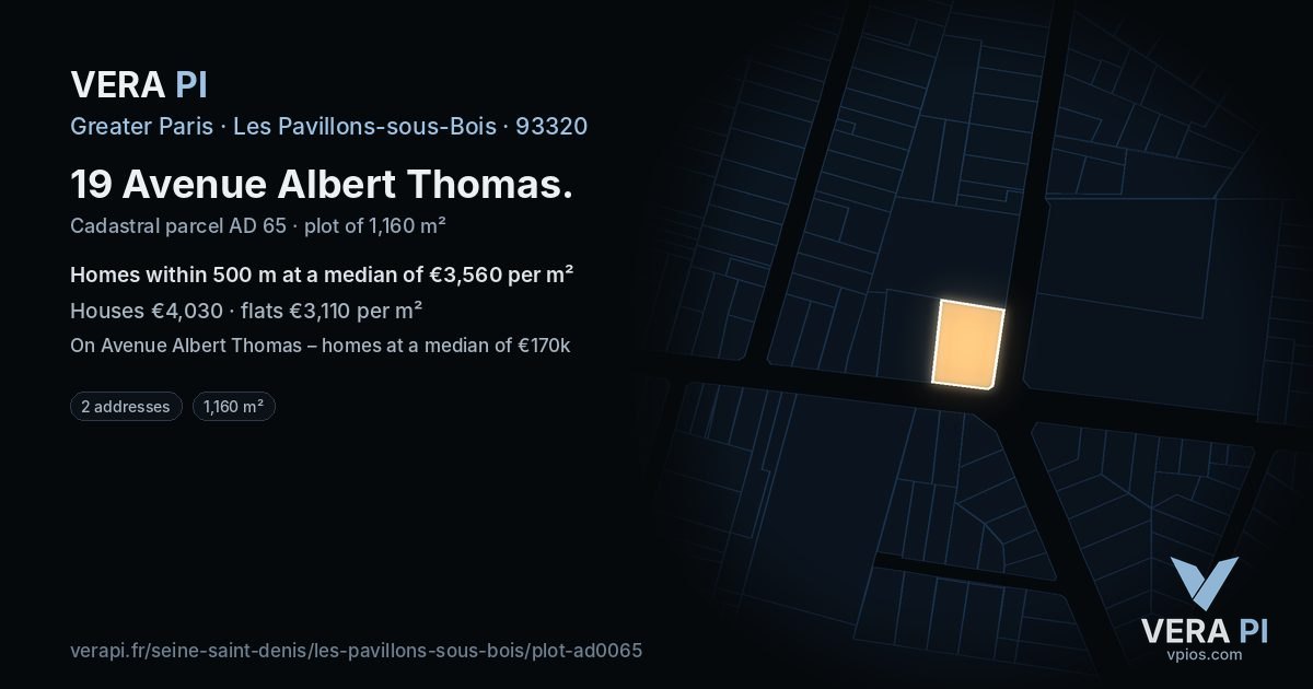 19 Avenue Albert Thomas, Les Pavillons-sous-Bois at night – the plot lit, the parcels around coloured by the prices near them
