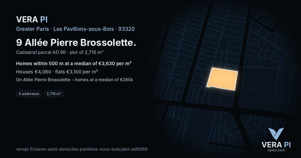 9 Allée Pierre Brossolette, Les Pavillons-sous-Bois at night – the plot lit, the parcels around coloured by the prices near them