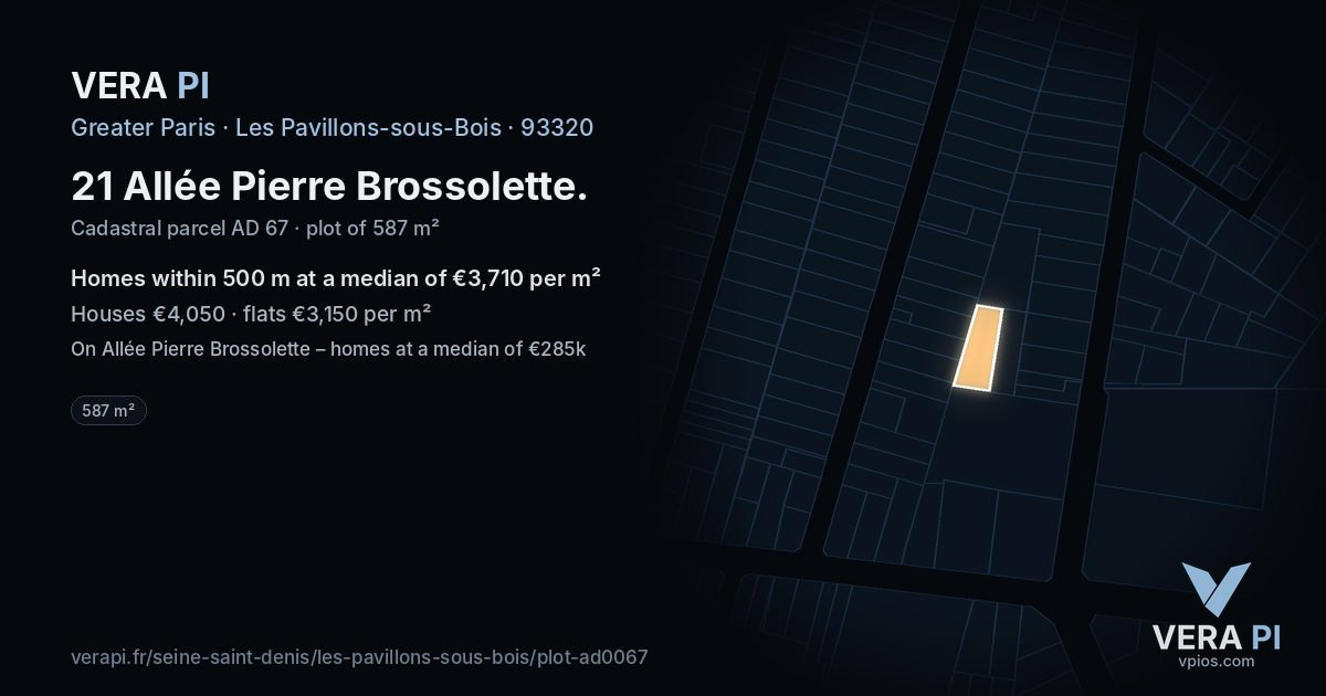 21 Allée Pierre Brossolette, Les Pavillons-sous-Bois at night – the plot lit, the parcels around coloured by the prices near them