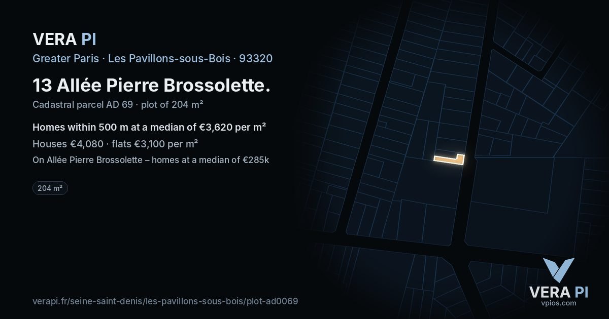 13 Allée Pierre Brossolette, Les Pavillons-sous-Bois at night – the plot lit, the parcels around coloured by the prices near them