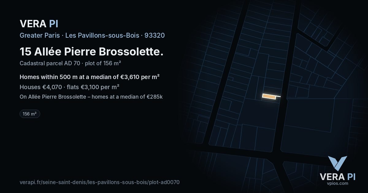15 Allée Pierre Brossolette, Les Pavillons-sous-Bois at night – the plot lit, the parcels around coloured by the prices near them