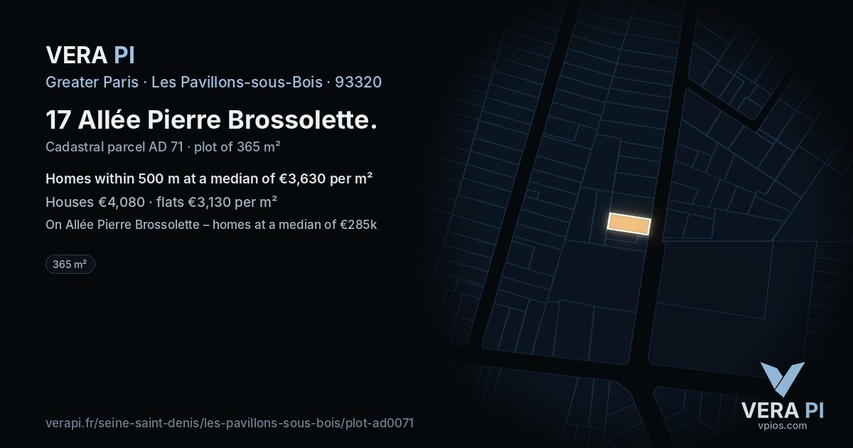 17 Allée Pierre Brossolette, Les Pavillons-sous-Bois at night – the plot lit, the parcels around coloured by the prices near them