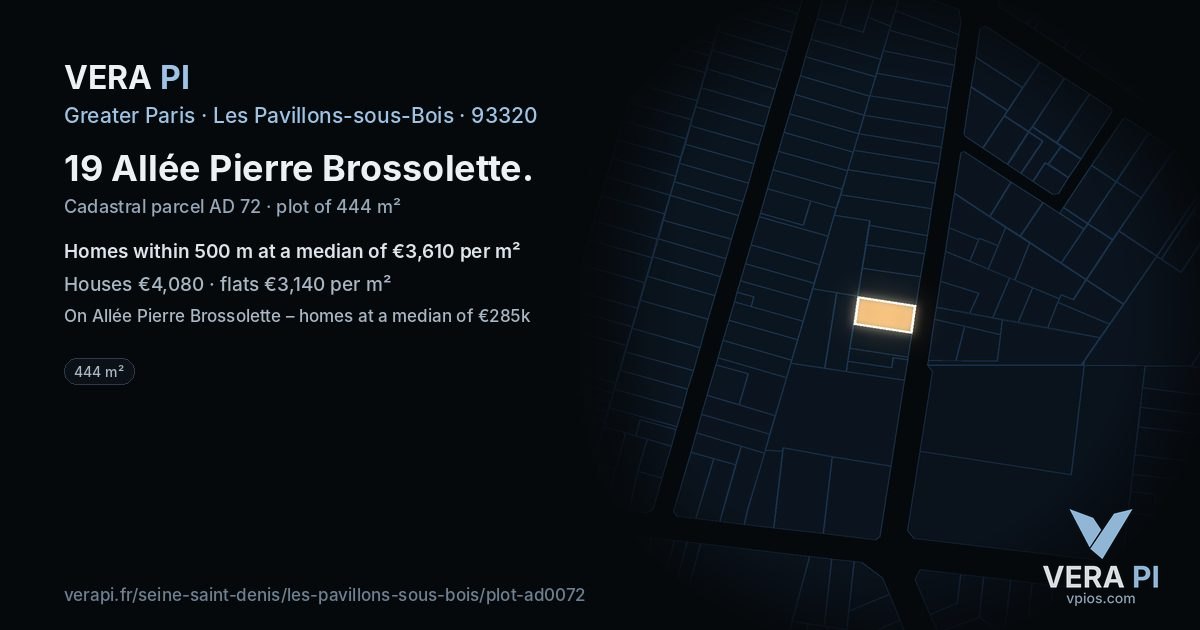 19 Allée Pierre Brossolette, Les Pavillons-sous-Bois at night – the plot lit, the parcels around coloured by the prices near them