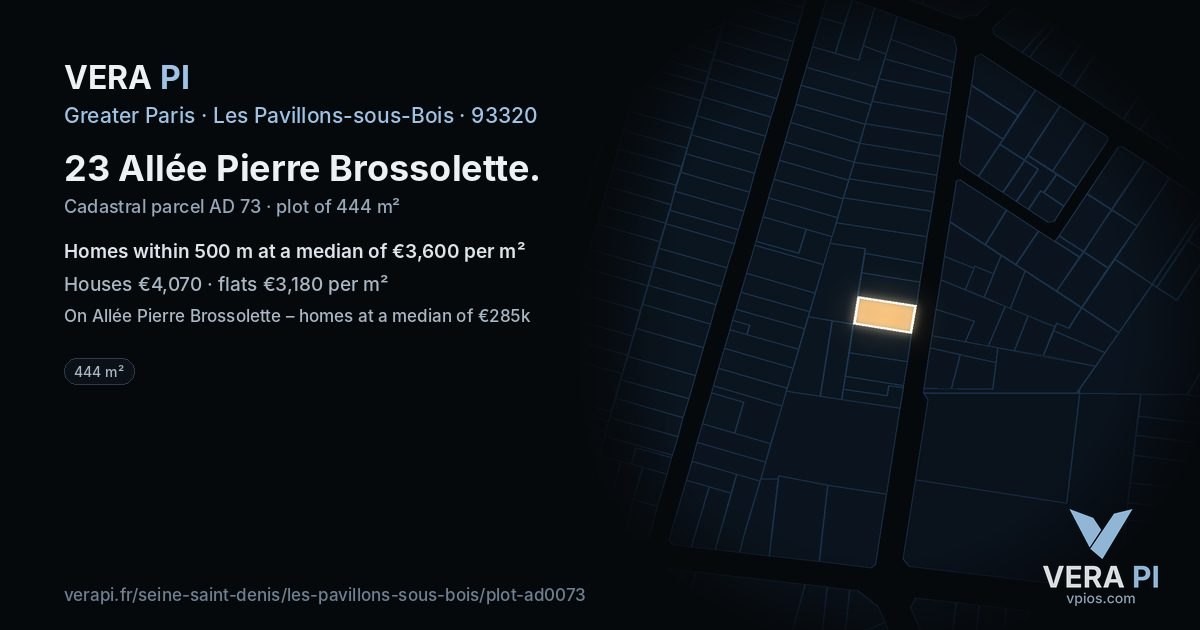 23 Allée Pierre Brossolette, Les Pavillons-sous-Bois at night – the plot lit, the parcels around coloured by the prices near them