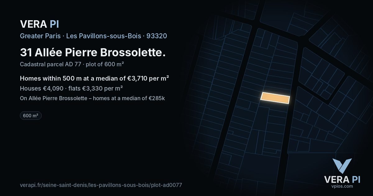 31 Allée Pierre Brossolette, Les Pavillons-sous-Bois at night – the plot lit, the parcels around coloured by the prices near them