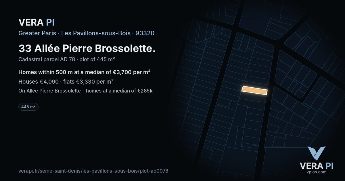33 Allée Pierre Brossolette, Les Pavillons-sous-Bois at night – the plot lit, the parcels around coloured by the prices near them