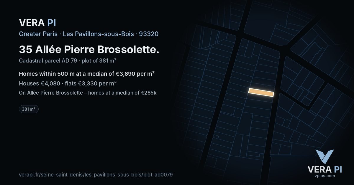35 Allée Pierre Brossolette, Les Pavillons-sous-Bois at night – the plot lit, the parcels around coloured by the prices near them