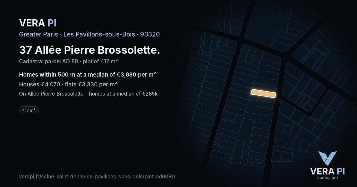 37 Allée Pierre Brossolette, Les Pavillons-sous-Bois at night – the plot lit, the parcels around coloured by the prices near them