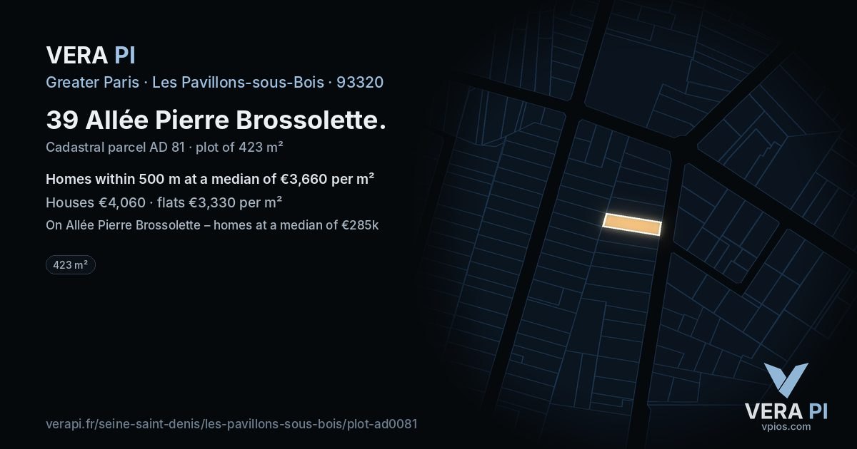 39 Allée Pierre Brossolette, Les Pavillons-sous-Bois at night – the plot lit, the parcels around coloured by the prices near them