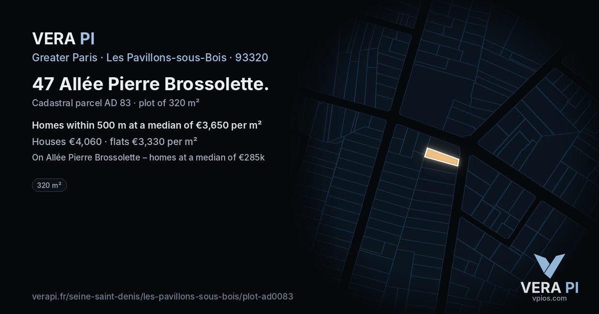 47 Allée Pierre Brossolette, Les Pavillons-sous-Bois at night – the plot lit, the parcels around coloured by the prices near them
