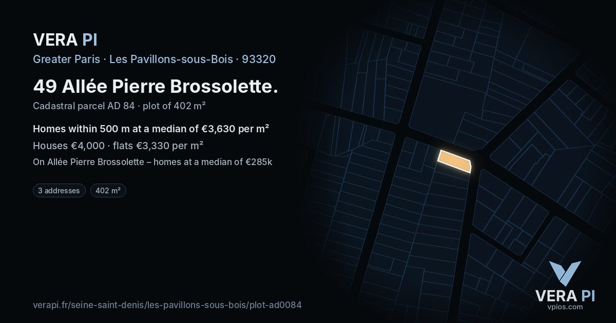 49 Allée Pierre Brossolette, Les Pavillons-sous-Bois at night – the plot lit, the parcels around coloured by the prices near them