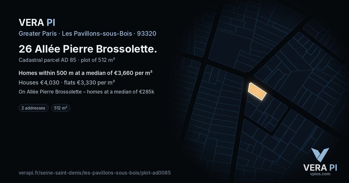 26 Allée Pierre Brossolette, Les Pavillons-sous-Bois at night – the plot lit, the parcels around coloured by the prices near them