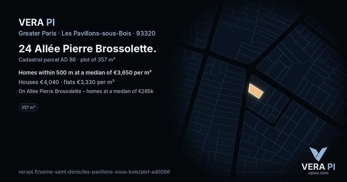 24 Allée Pierre Brossolette, Les Pavillons-sous-Bois at night – the plot lit, the parcels around coloured by the prices near them