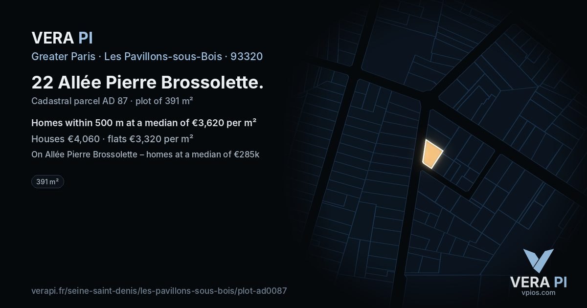 22 Allée Pierre Brossolette, Les Pavillons-sous-Bois at night – the plot lit, the parcels around coloured by the prices near them