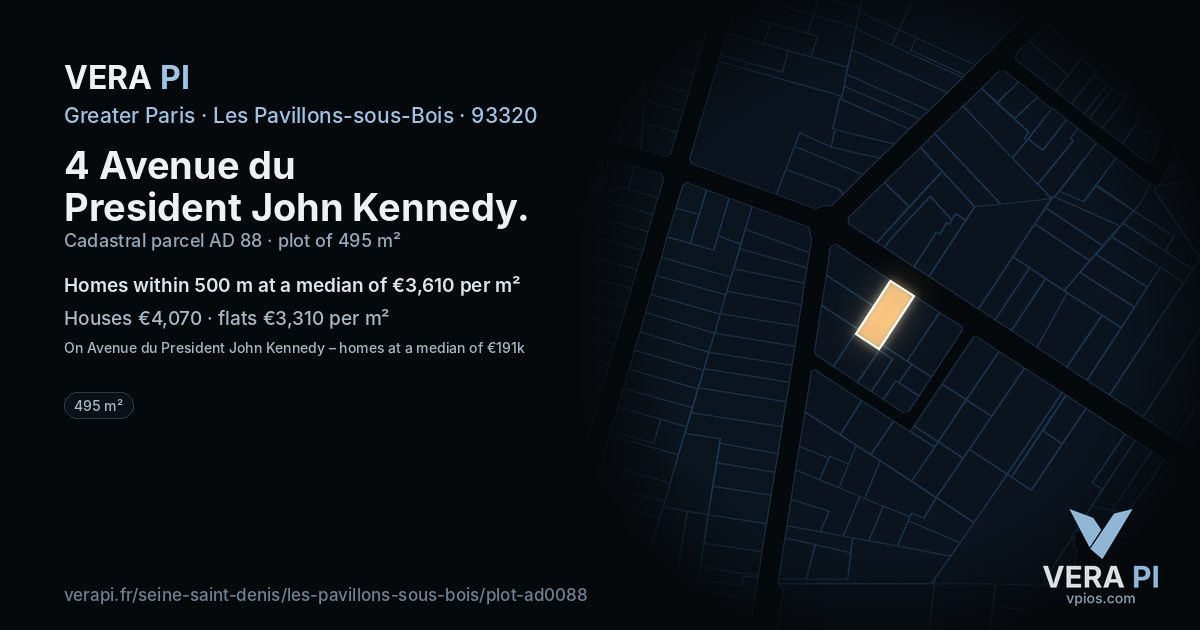 4 Avenue du President John Kennedy, Les Pavillons-sous-Bois at night – the plot lit, the parcels around coloured by the prices near them