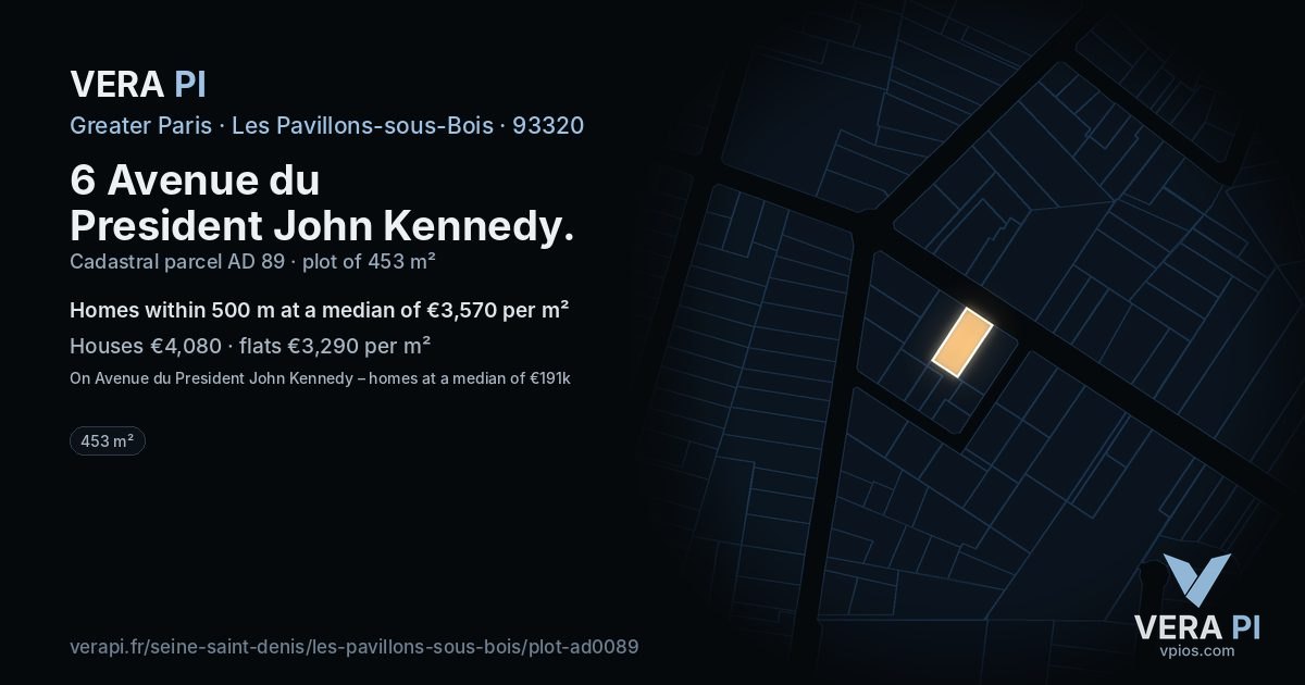 6 Avenue du President John Kennedy, Les Pavillons-sous-Bois at night – the plot lit, the parcels around coloured by the prices near them