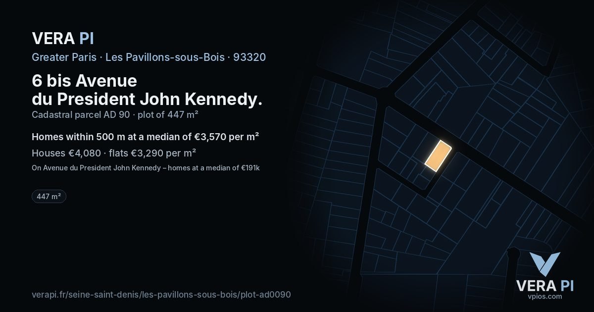 6 bis Avenue du President John Kennedy, Les Pavillons-sous-Bois at night – the plot lit, the parcels around coloured by the prices near them