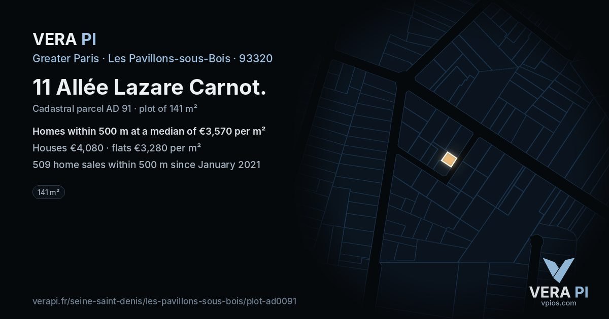 11 Allée Lazare Carnot, Les Pavillons-sous-Bois at night – the plot lit, the parcels around coloured by the prices near them